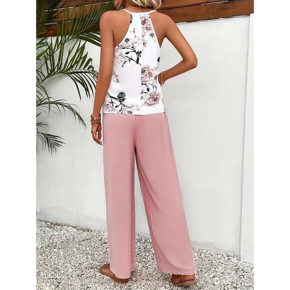 Floral Print V-neck Cami Top & Belted Solid Pink Pants Women's Medium (6) - Picture 3 of 10